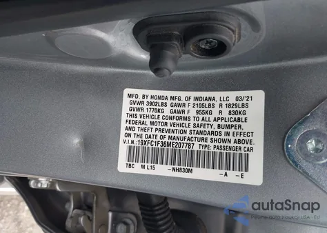 2021 Honda Civic Ex z USA, uszkodzony, nr VIN 19XFC1F36ME207787